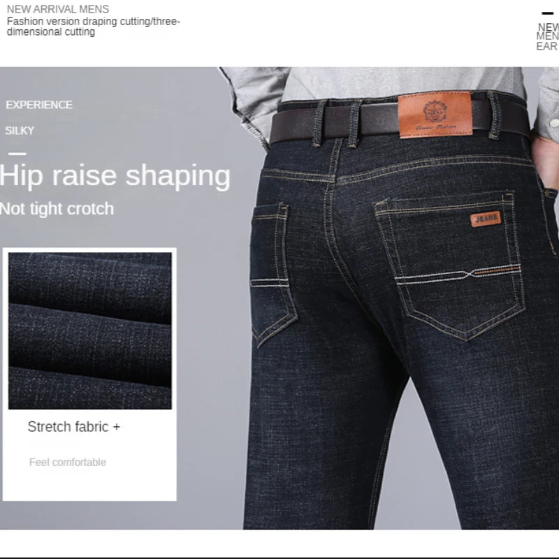 2023 New Men'S Stretch Fit Jeans Busine Business Fashion Soft Denim Trousers Male Brand Pants Black Blue