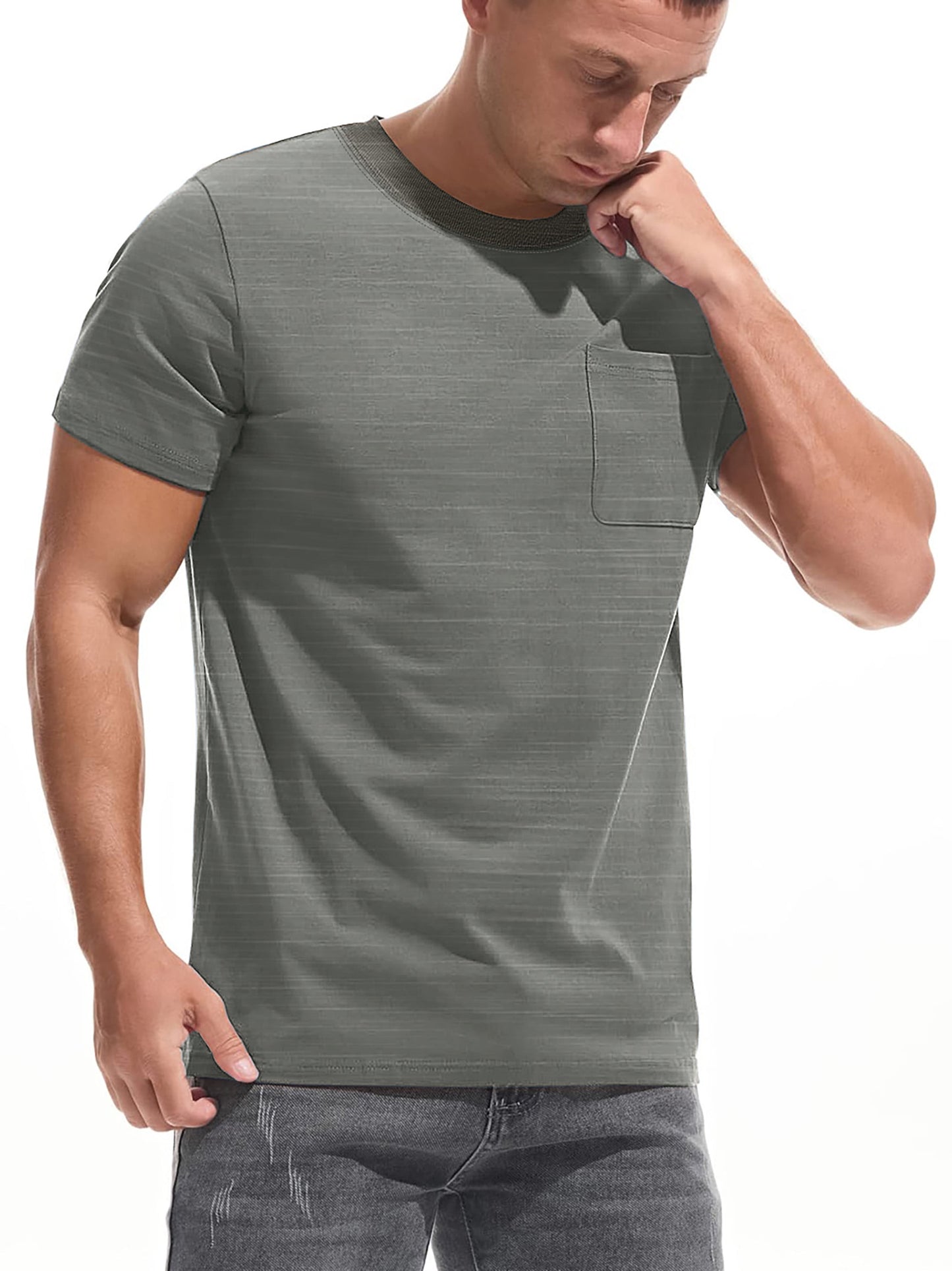 Short Sleeve Men T Shirts Ribbed Crew Neck Shirts for Men Color Block Tee Shirts with Pocket