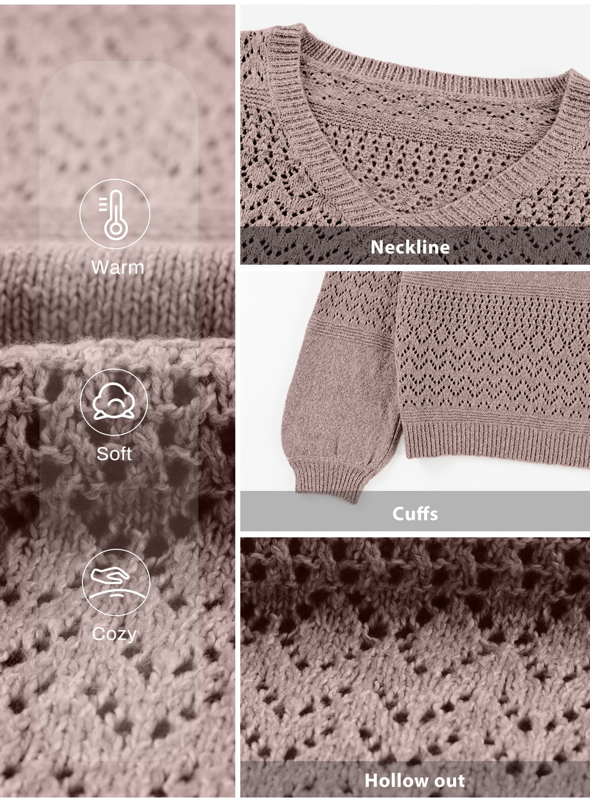 Fall Sweaters for Women Casual Long Sleeve V Neck Sweater Lightweight Crochet Pullover Sweater Tops L