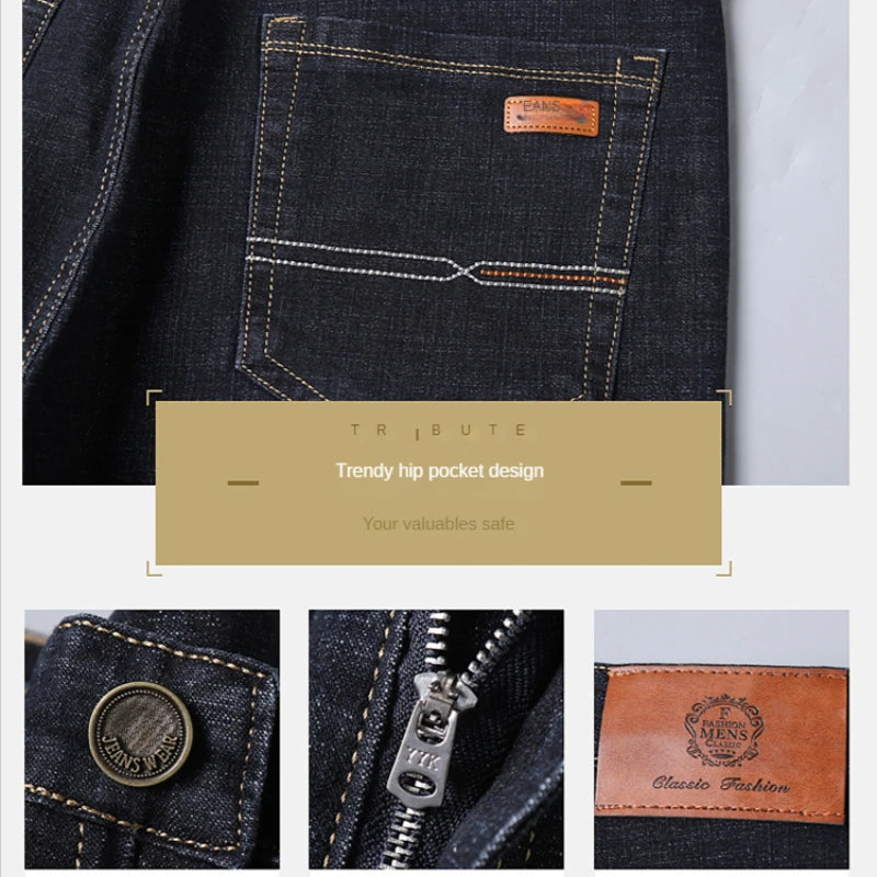 2023 New Men'S Stretch Fit Jeans Busine Business Fashion Soft Denim Trousers Male Brand Pants Black Blue