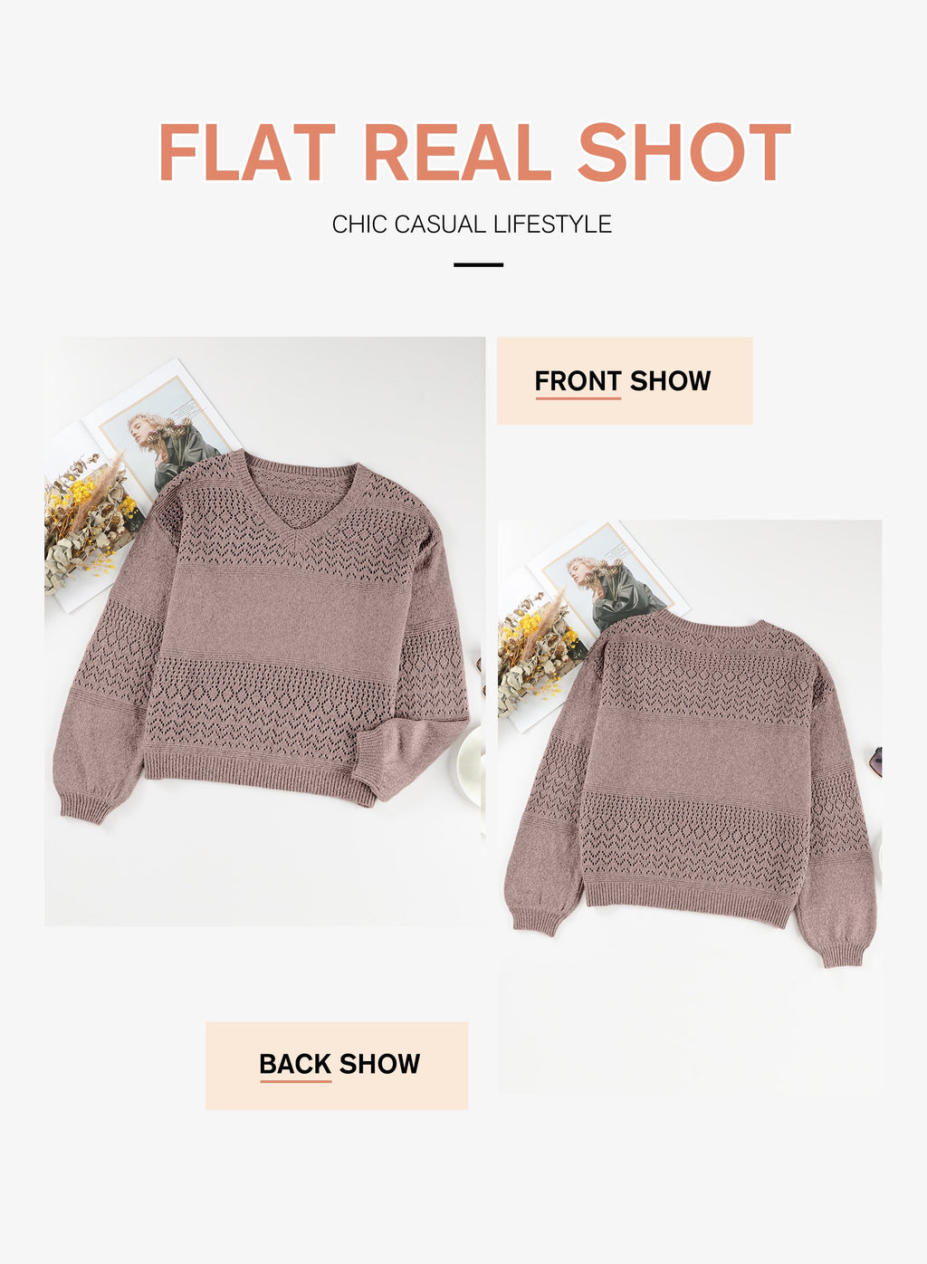 Fall Sweaters for Women Casual Long Sleeve V Neck Sweater Lightweight Crochet Pullover Sweater Tops L