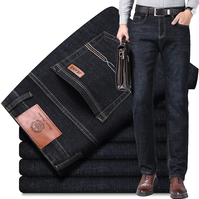 2023 New Men'S Stretch Fit Jeans Busine Business Fashion Soft Denim Trousers Male Brand Pants Black Blue