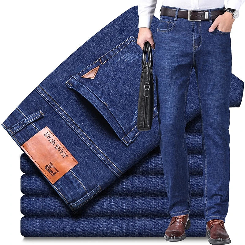 2023 New Men'S Stretch Fit Jeans Busine Business Fashion Soft Denim Trousers Male Brand Pants Black Blue