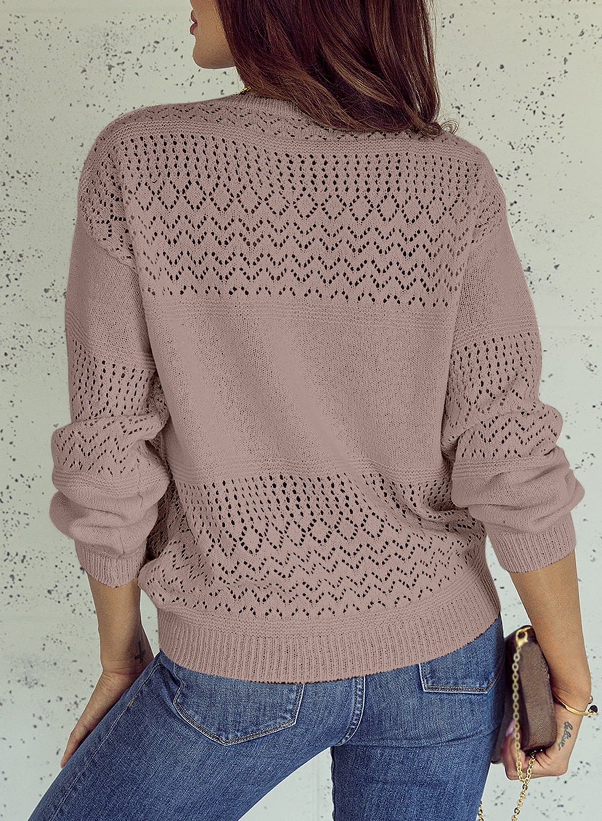 Fall Sweaters for Women Casual Long Sleeve V Neck Sweater Lightweight Crochet Pullover Sweater Tops L