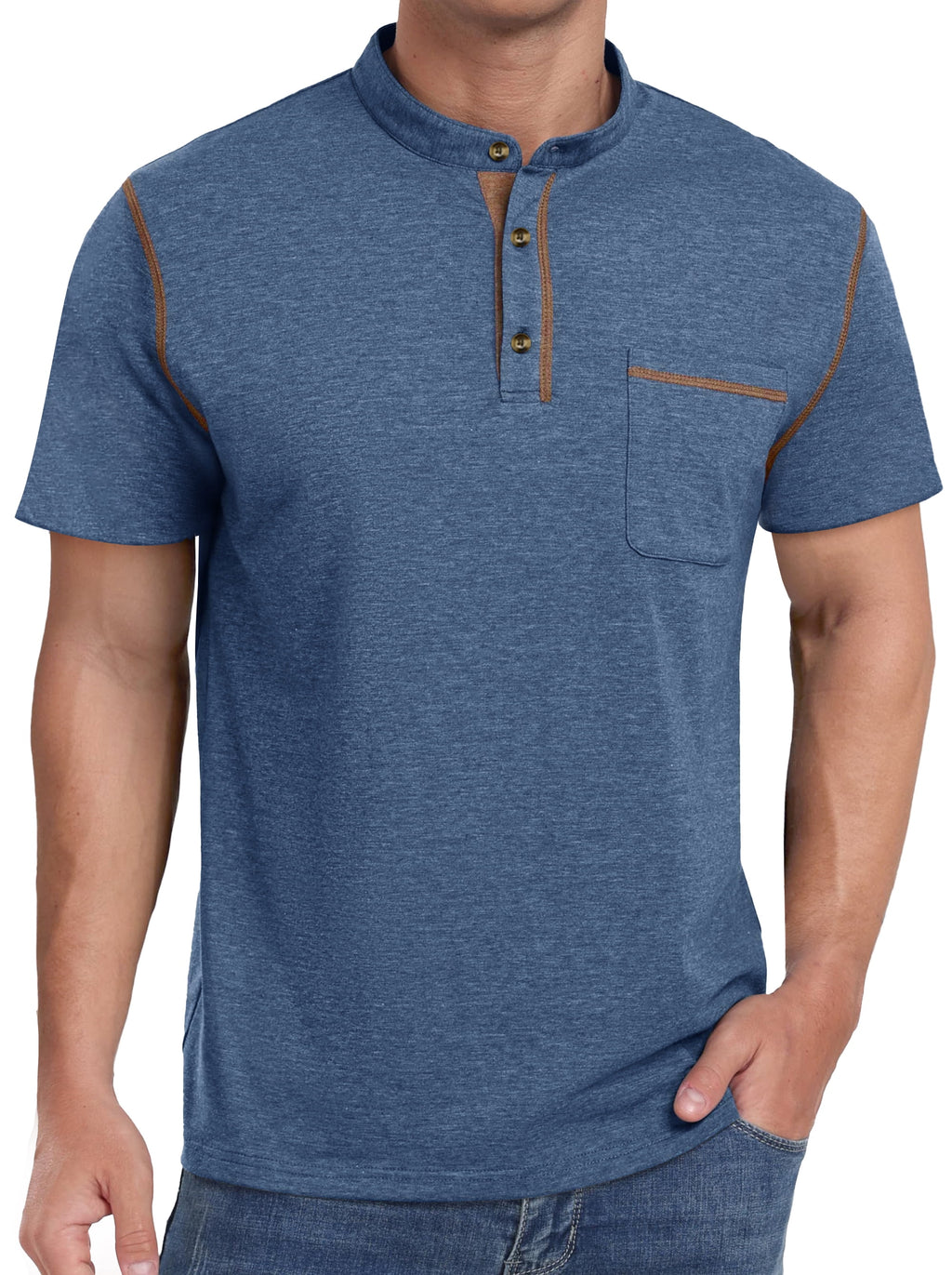 Mens Henley Shirts Short Sleeve Casual Tops Lightweight Pullover Shirt Button Cotton T Shirt with Pocket