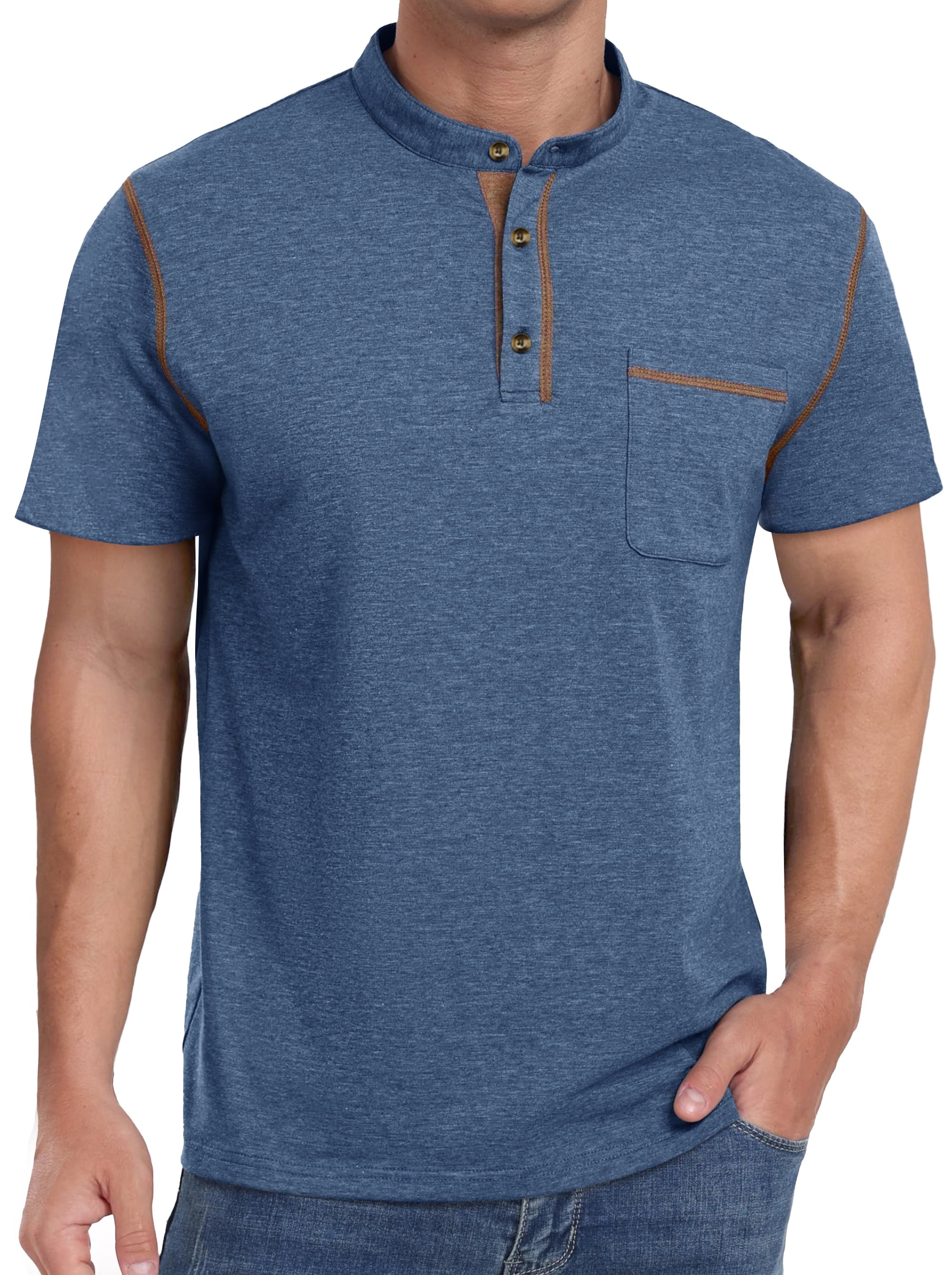 Mens Henley Shirts Short Sleeve Casual Tops Lightweight Pullover Shirt Button Cotton T Shirt with Pocket