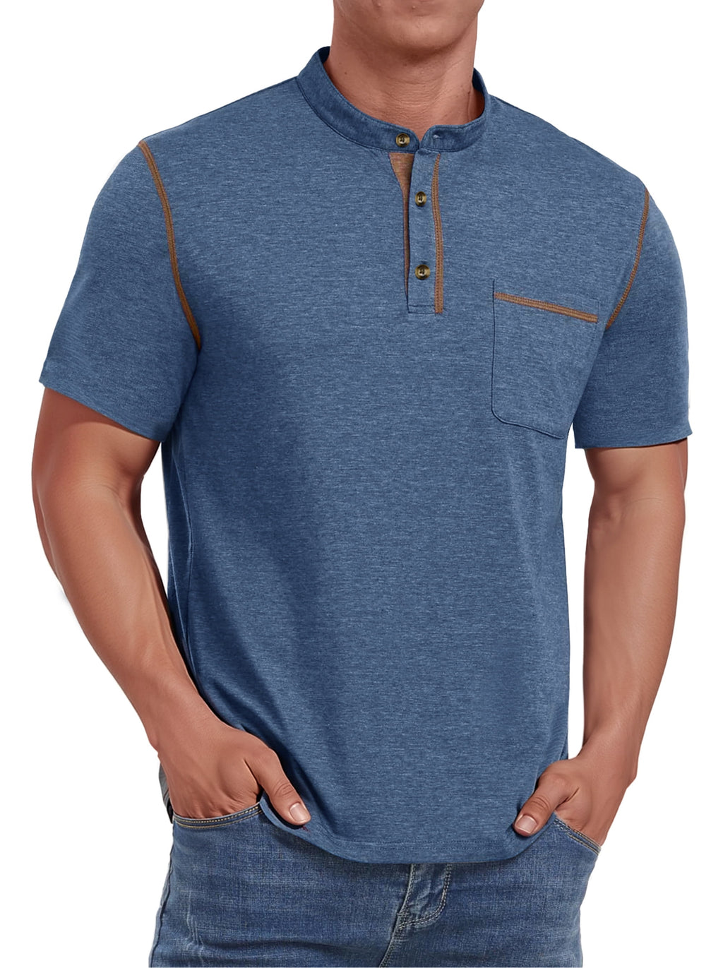 Mens Henley Shirts Short Sleeve Casual Tops Lightweight Pullover Shirt Button Cotton T Shirt with Pocket