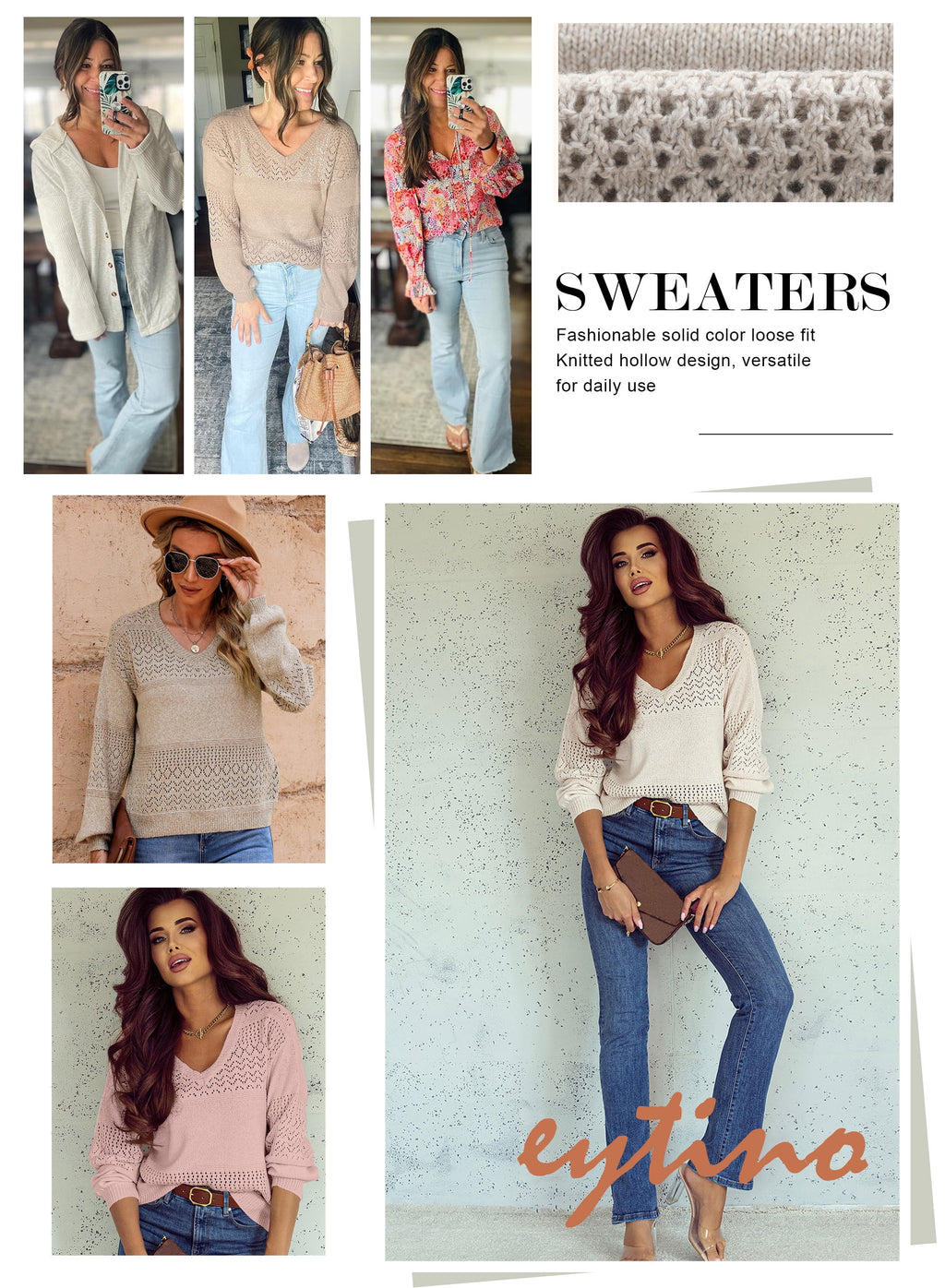 Fall Sweaters for Women Casual Long Sleeve V Neck Sweater Lightweight Crochet Pullover Sweater Tops L