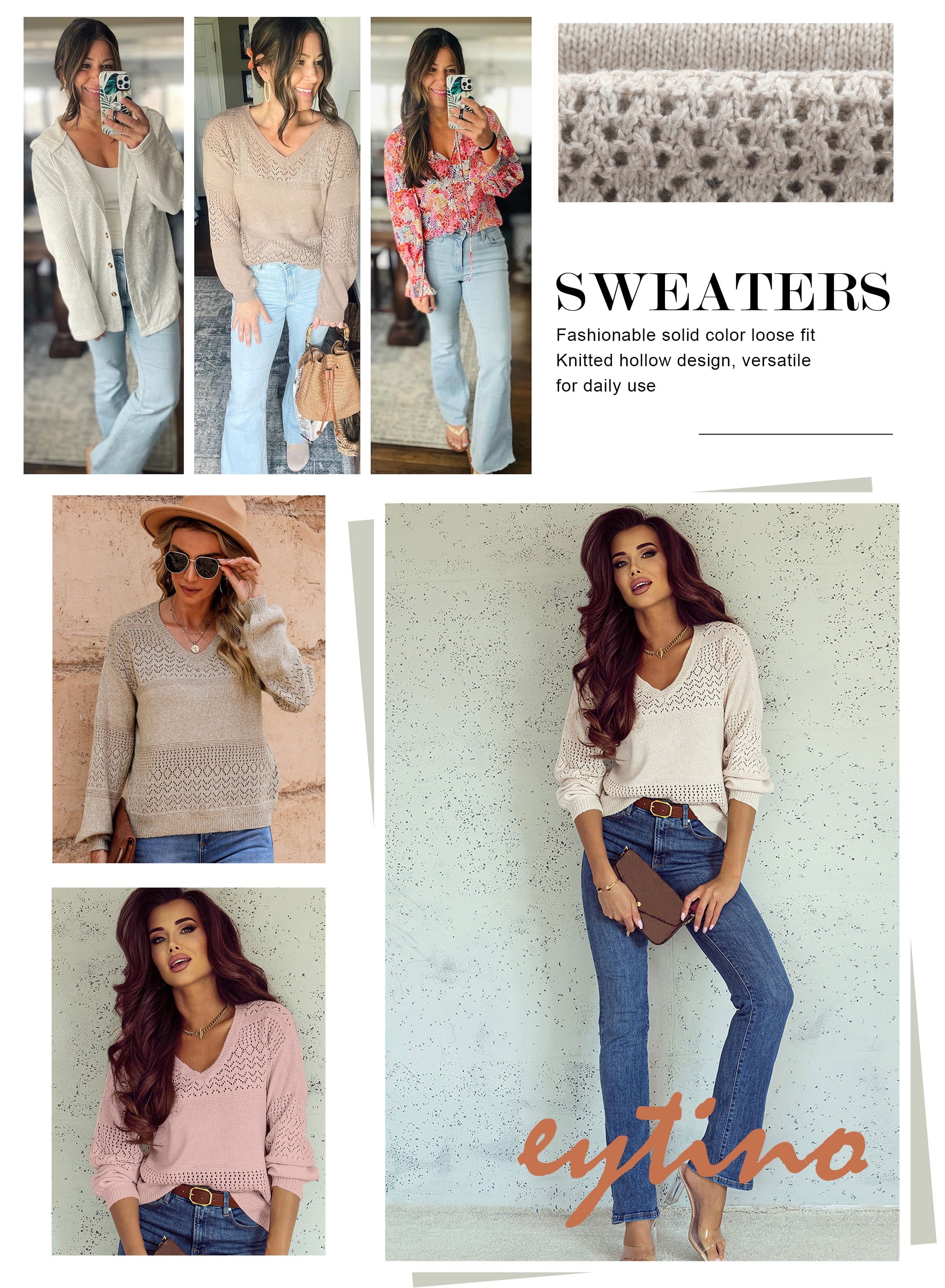 Fall Sweaters for Women Casual Long Sleeve V Neck Sweater Lightweight Crochet Pullover Sweater Tops L