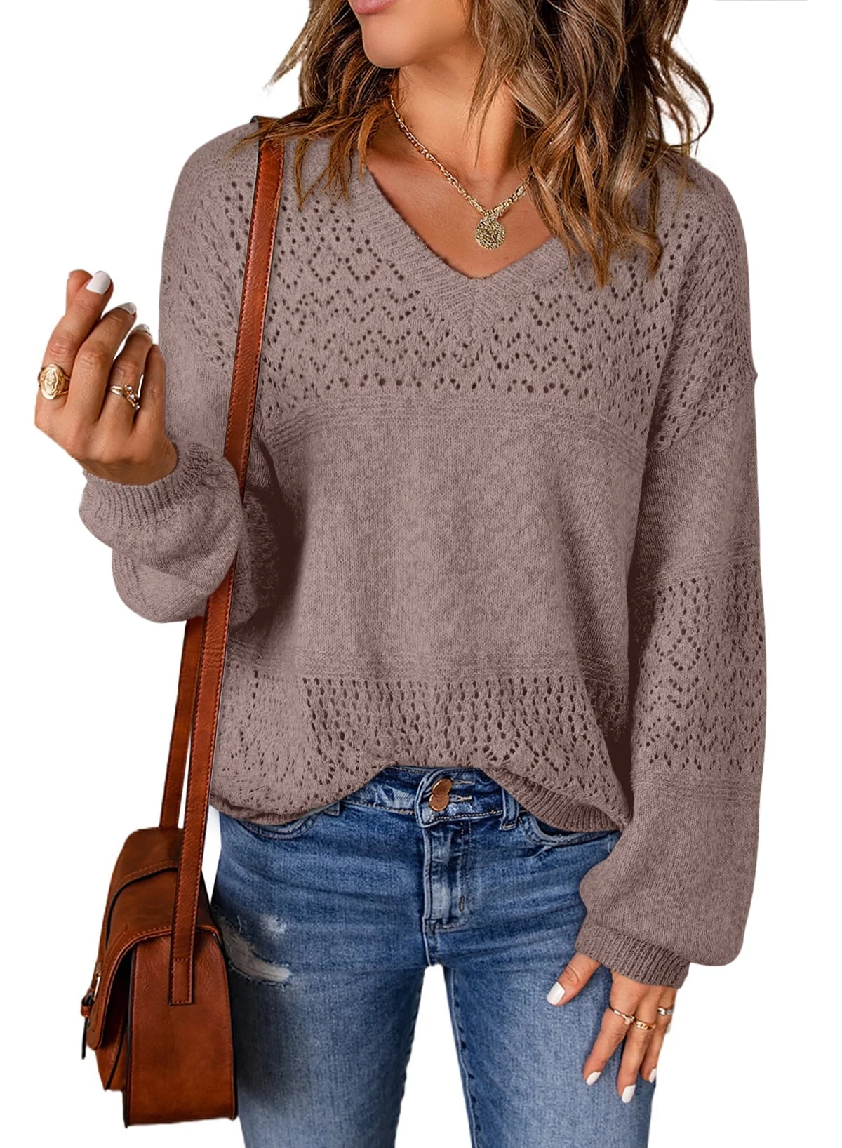 Fall Sweaters for Women Casual Long Sleeve V Neck Sweater Lightweight Crochet Pullover Sweater Tops L