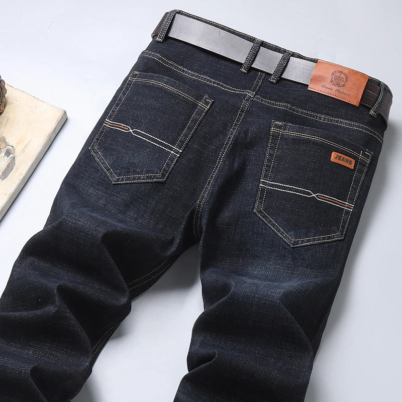 2023 New Men'S Stretch Fit Jeans Busine Business Fashion Soft Denim Trousers Male Brand Pants Black Blue