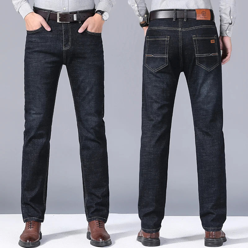 2023 New Men'S Stretch Fit Jeans Busine Business Fashion Soft Denim Trousers Male Brand Pants Black Blue