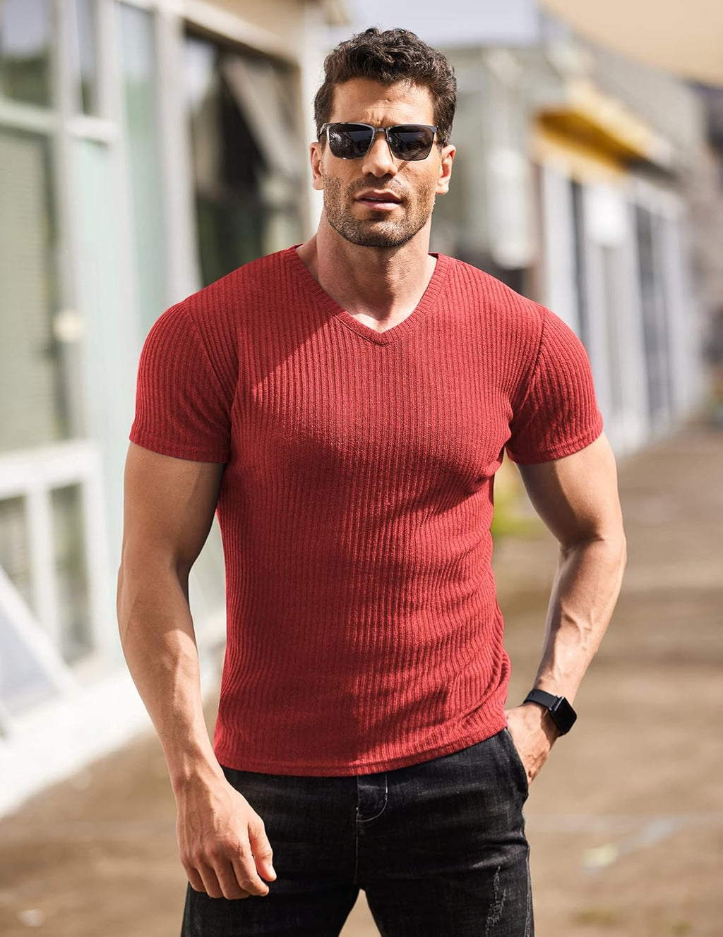 Men'S Muscle T Shirts Stretch Short Sleeve V Neck Bodybuilding Workout Tee Shirts Ribbed Knit Shirt
