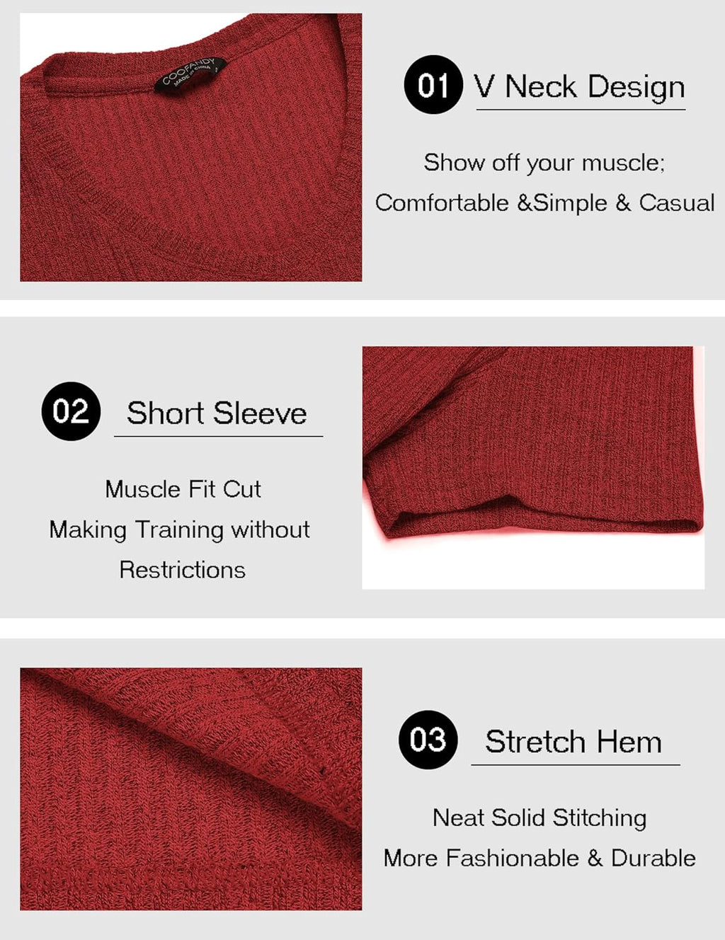 Men'S Muscle T Shirts Stretch Short Sleeve V Neck Bodybuilding Workout Tee Shirts Ribbed Knit Shirt