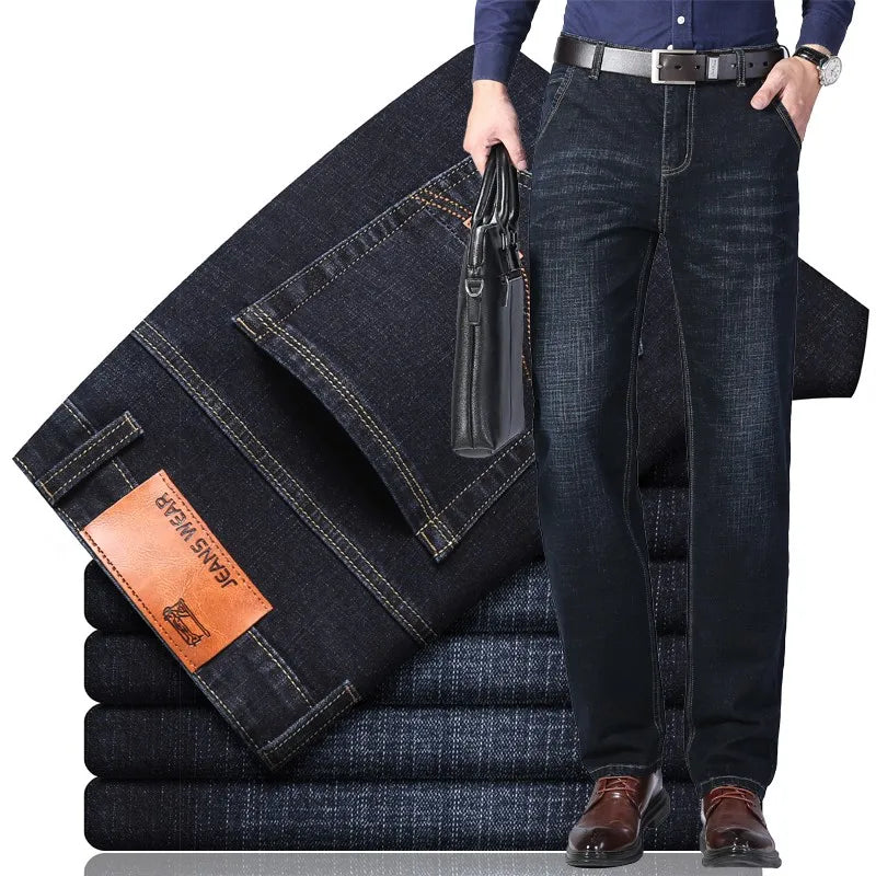 2023 New Men'S Stretch Fit Jeans Busine Business Fashion Soft Denim Trousers Male Brand Pants Black Blue
